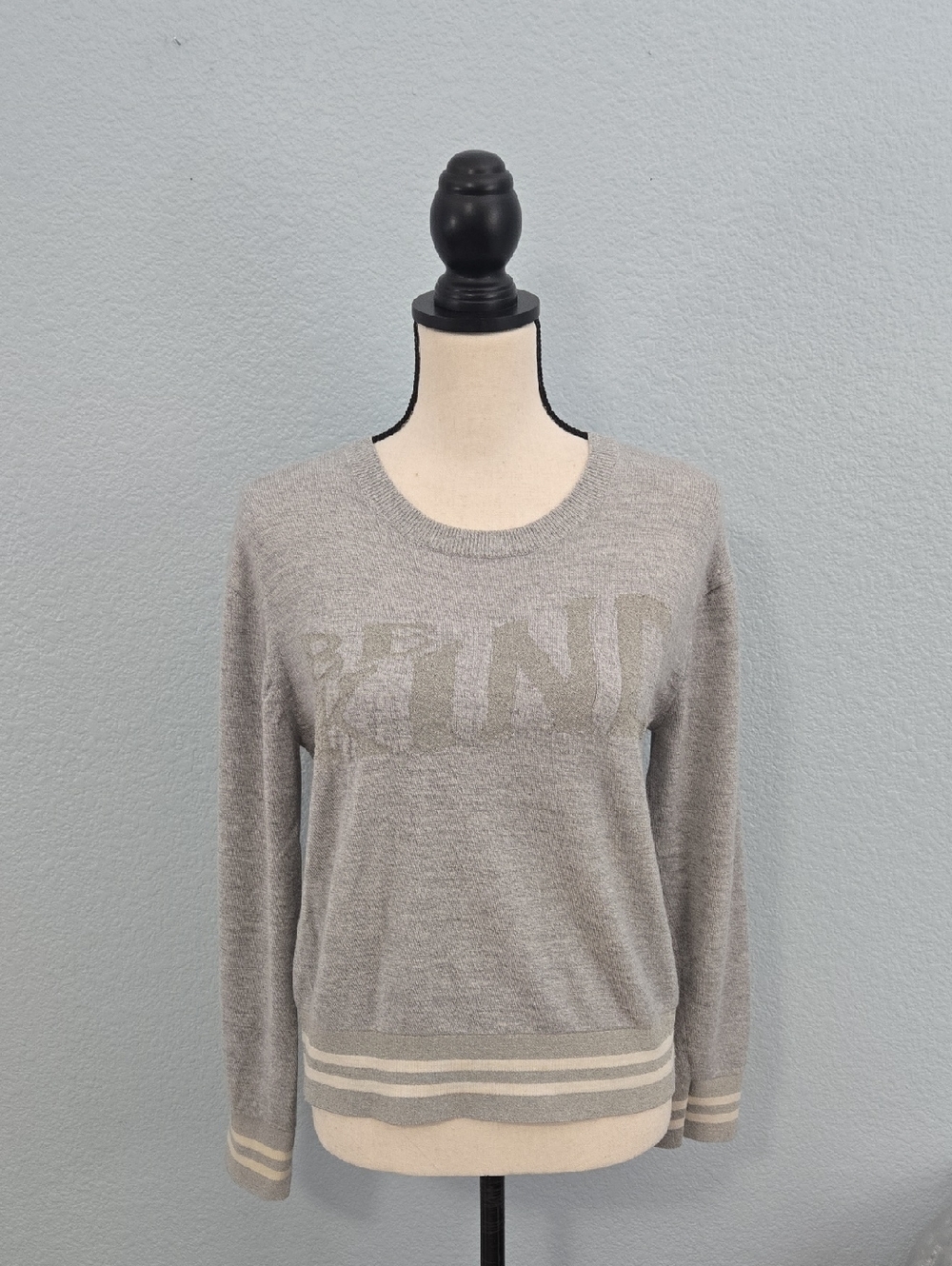RAG & BONE Be Kind Reflective Light Gray Crewneck Sweater Striped Hem Sz MED